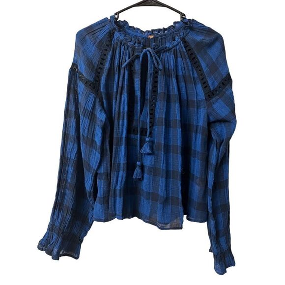 Free People Womens Honey Grove Knit Loose Blue/Black Blouse - Picture 2 of 13